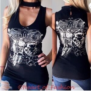 Deep V-Neck Sleeveless Motorcycle Graphic Embellisehed Choker Biker Top Black XL